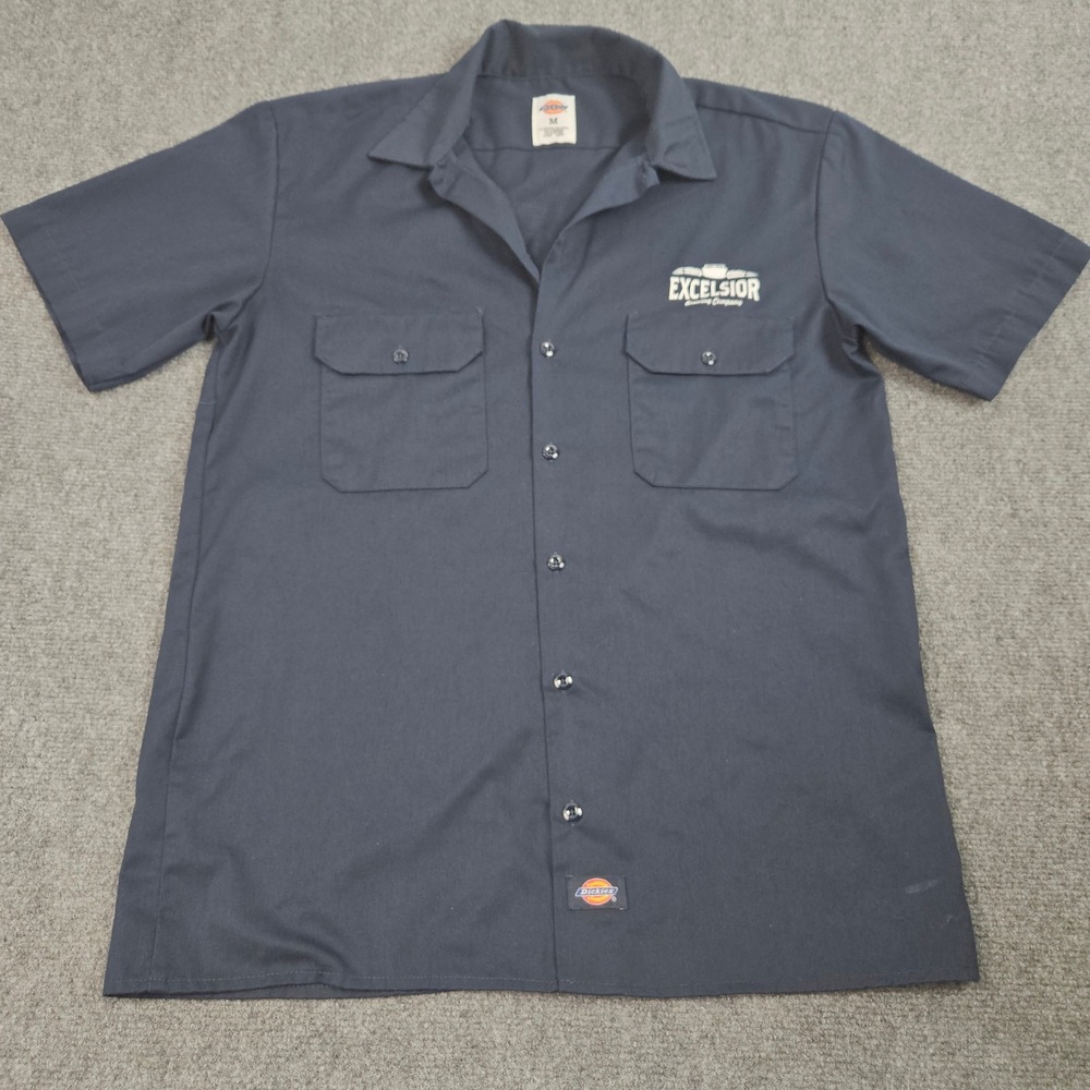 Dickies Work Shirt Mens Medium Navy Blue Excelsior Brewing Co Short Sleeve Logo